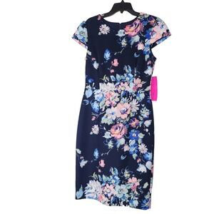 Betsey Johnson Womens Floral Sheath Dress Stretch Lined Cap Sleeve Sz 10